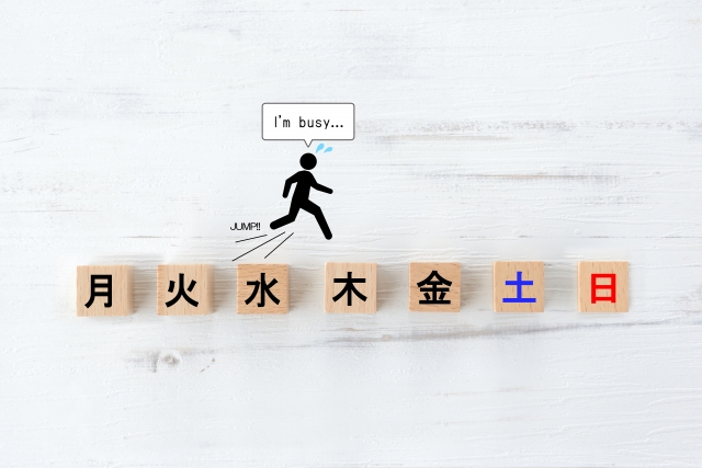 リズムを表す「各曜日」の文字と忙しそうに走る人のイラスト